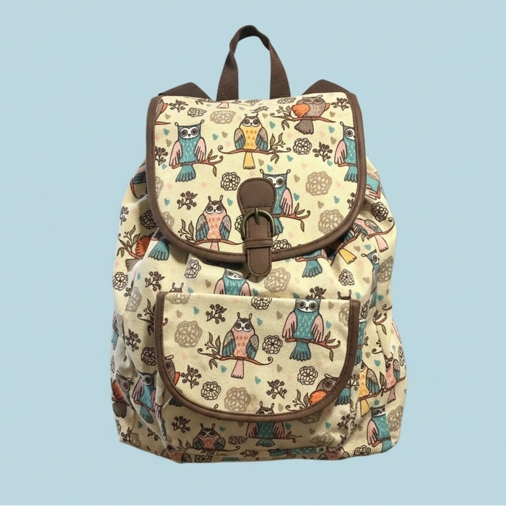 Owl Print Canvas Backpack with Brown Trim - Picture 3 of 3